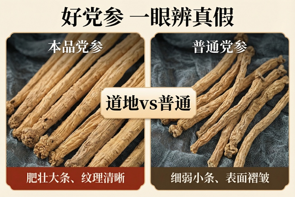 生成党参对比/测评详情图，左侧展示本品党参“肥壮大条、纹理清晰”，右侧展示普通党参“细弱小条、表面褶皱”，中间用对比框标注“道地vs普通”，配文“好党参 一眼辨真假”，清晰直观展示差异预览效果