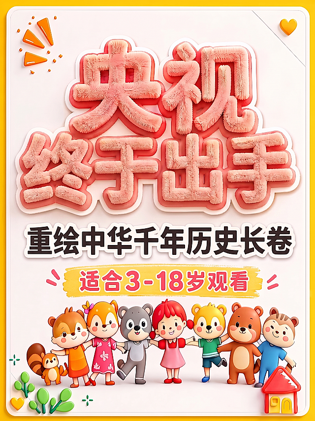 修改图中的文字，将「央视重磅整理」改为「央视终于出手」，将「孩子语文启蒙必看片单」改为「重绘中华千年历史长卷」，保留原有的毛绒字体风格、粉色配色和整体排版，其他元素保持不变