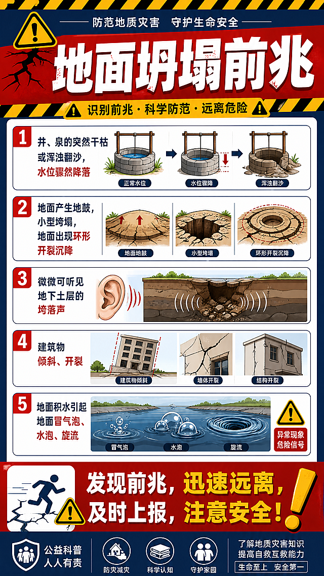 地质灾害防范宣传海报，醒目标题："地面坍塌前兆"，内容包含：1.井、泉的突然干枯或浑浊翻沙，水位骤然降落 2.地面产生地鼓，小型垮塌，地面出现环形开裂沉降 3.微微可听见地下土层的垮落声 4.建筑物倾斜、开裂 5.地面积水引起地面冒气泡、水泡、旋流。公益科普风格，设计清晰易读，配色醒目，提醒防灾安全