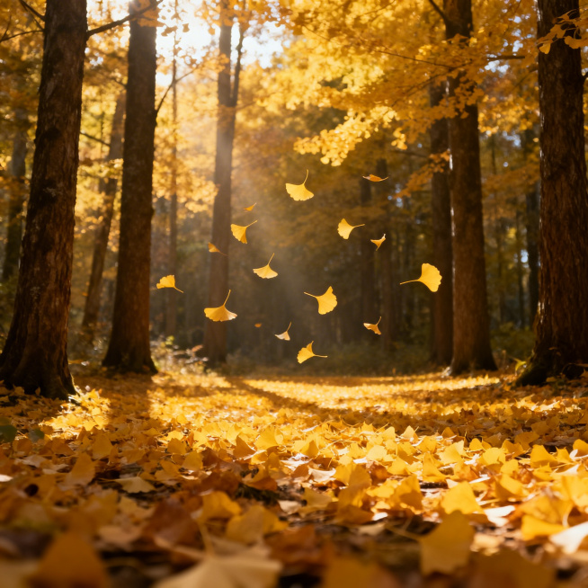 金黄的银杏叶在空中缓缓飘落，秋日森林铺满金黄落叶，阳光透过树林洒下温暖光影，宁静唯美自然秋景预览效果