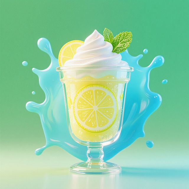 巨型柠檬冰沙杯，薄荷绿与冰蓝色泼溅笔触背景