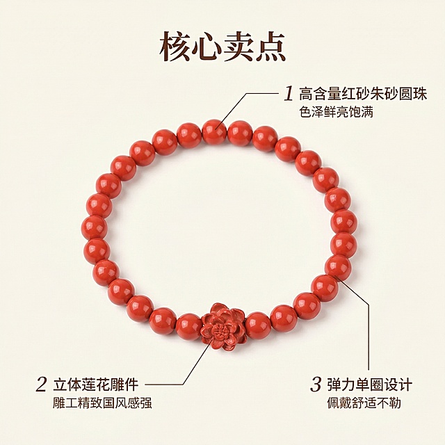 [主图 2] 核心卖点提炼展示
[氛围/风格] 清晰直观，专业电商展示风格，干净简洁
[画面元素] 保持红砂朱砂莲花单圈手串外观不变，产品居中，用数字引线标注核心材质部位，背景为浅米白色，突出产品本身，光影柔和均匀
[配色色系] 主色调：朱砂红，浅米白背景，深棕色文字
[视角构图] 俯视平铺，产品居中，主体突出
[文字版式] 主标题 "核心卖点" 在画面顶部居中，产品周围用1、2、3序号搭配细线标注卖点：1 高含量红砂朱砂圆珠 色泽鲜亮饱满；2 立体莲花雕件 雕工精致国风感强；3 弹力单圈设计 佩戴舒适不勒；文字左对齐，引线纤细，不遮挡产品主体
[比例分辨率] 1:1 比例，2k 分辨率