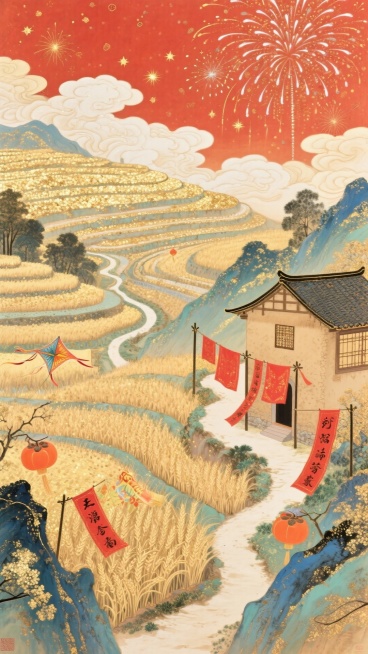 柿红底色铺银白烟花，层叠祥云缠梯田麦浪与蜿蜒山径间的夯土小楼，国风大场景，暖金柿红交织，星光点缀，楼前晒着红绸春联，梯田里飘着新年祈福的纸鸢。预览效果