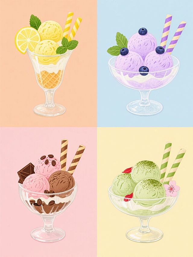 一套4个水彩风格甜点插画系列，每个插画均为单一纯色背景，整体色彩各异但保持水彩特有的透明晕染质感和柔和笔触，画面元素类目统一为玻璃甜品杯盛装冰淇淋配装饰。第一个插画：玻璃高脚杯装着三球嫩黄色柠檬冰淇淋，点缀几片新鲜柠檬片、绿色薄荷叶和两根黄色条纹华夫棒，背景为浅橙色；第二个插画：玻璃碗装着三球淡紫色蓝莓冰淇淋，点缀整颗蓝莓、紫色薄荷叶和两根紫色条纹华夫棒，背景为浅蓝色；第三个插画：玻璃杯中装着三球粉棕色巧克力冰淇淋，点缀巧克力碎、棕色可可豆和两根棕色条纹华夫棒，背景为浅粉色；第四个插画：玻璃甜品碗装着三球浅绿色抹茶冰淇淋，点缀抹茶粉、红色樱花花瓣和两根绿色条纹华夫棒，背景为浅黄色。四个插画规整排布，每个插画中的冰淇淋都有细腻的融化质感，玻璃器皿有清晰的光影折射效果，整体风格统一且色彩明快，无文字、二维码及多余装饰元素。