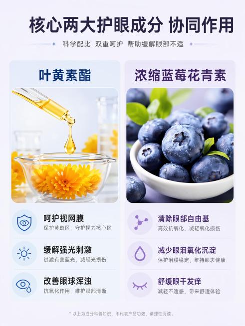 模块 1：首屏主海报（头图）
配图：清晰猫狗明亮双眼 + 产品片剂实拍
文案（大字主标题 + 小字副标题）
主标题：蓝莓叶黄素双效护眼片
副标题：淡化泪痕｜舒缓红眼｜延缓眼部老化
底部小字：全龄猫狗通预览效果