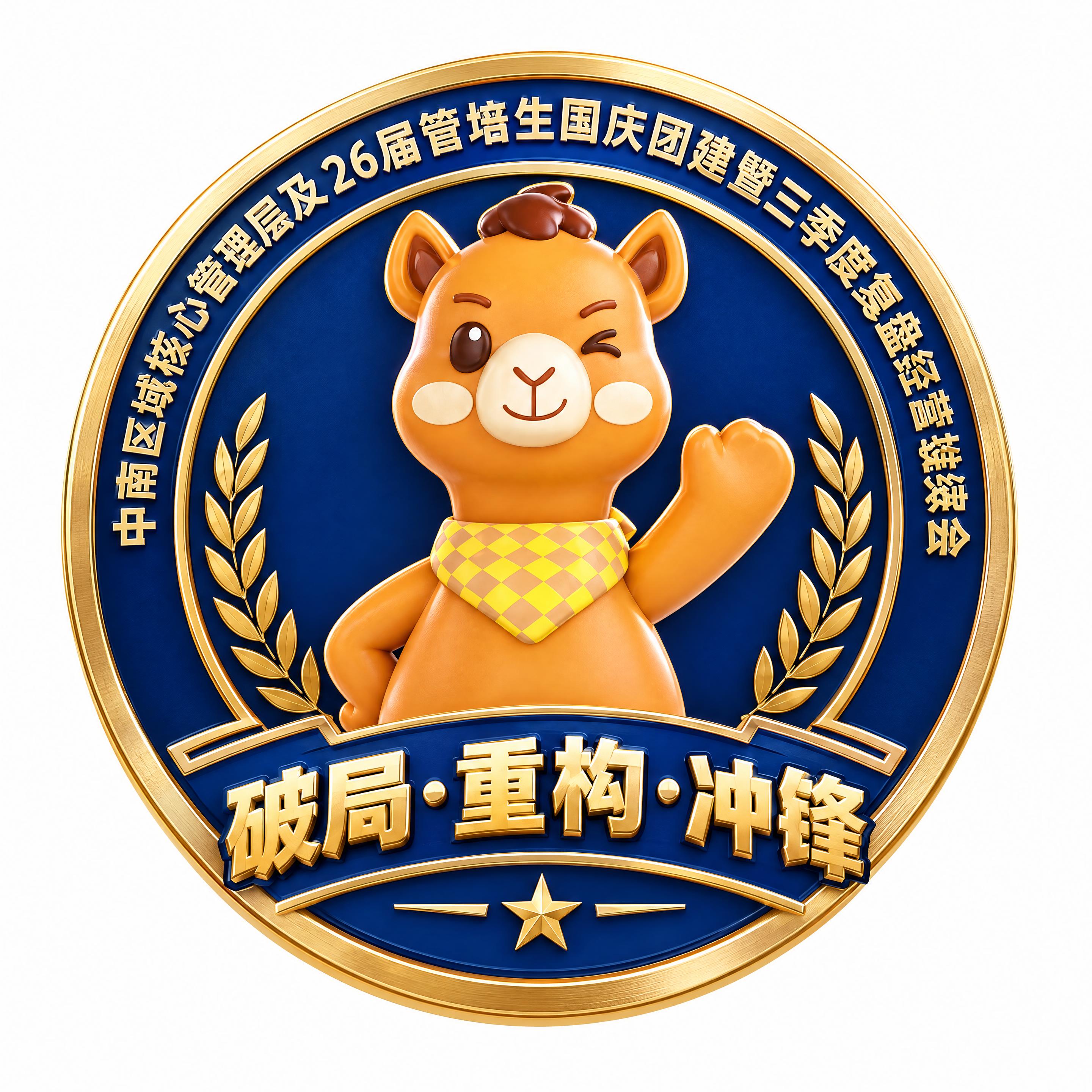 一枚现代商务风格的圆形勋章，勋章中心是橙色驼小新IP形象（保持… - 图片创意预览