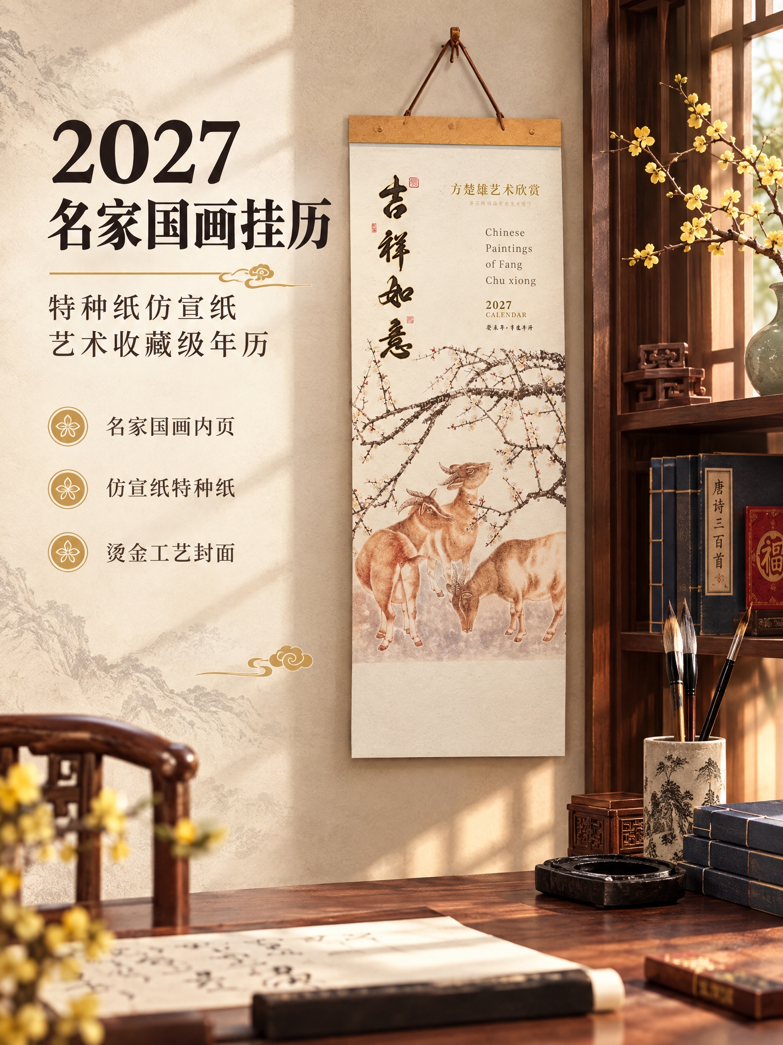[商品] 使用【图1】吉祥如意国画款挂历；保留米白封面、烫金书… - 图片创意预览