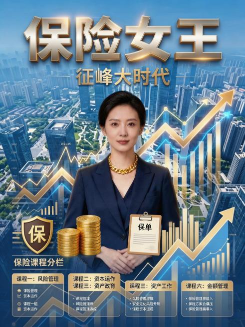 保留当前海报所有内容、天蓝色高空城市背景和上升折线，去除前排的曲线，用更专业的金融保险元素替代曲线，不改变其他设计预览效果