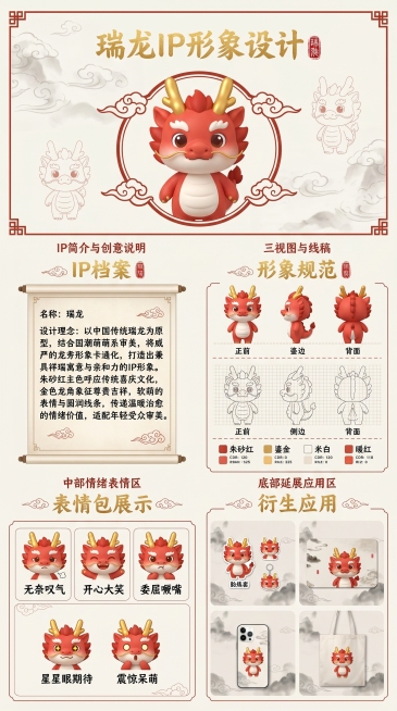 新国潮风卡通IP形象设计展示海报，竖版排版，整体采用朱砂红+鎏金+米白的传统中国风配色，融入云纹、中式边框、印章元素，营造典雅活泼的氛围。1. 【顶部主视觉区】- 背景为浅米白色底，搭配淡墨云纹暗纹。预览效果