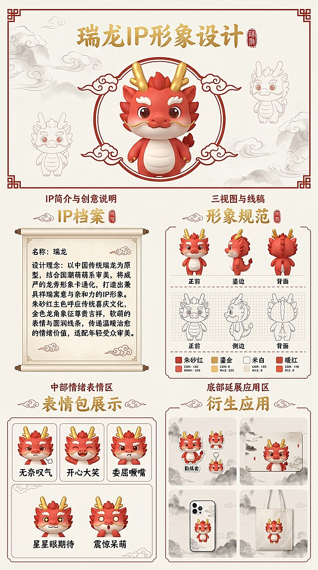 软3D风国潮瑞龙IP，融合中式元素与卡通萌感，以朱砂红主色传递喜庆祥瑞，搭配水墨云纹背景，展现民族韵味与现代审美结合的可爱形象。