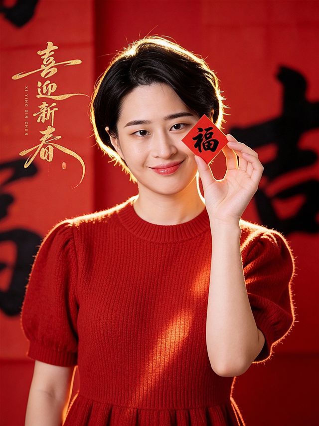 国潮风剪纸质感，鎏金书法“喜迎新春”跃然其上，光影交错间透出中式喜庆，红衣女子手持“福”字，温暖笑容传递新春祝福。