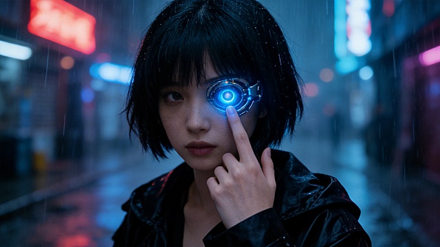 赛博朋克风格，女主角特写，主角抬手，指尖靠近泛着冷蓝微光的左眼机械义眼，背景保留雨夜街巷的朦胧霓虹氛围
