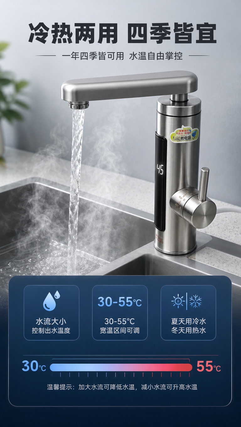 [商品] 使用【图3】不锈钢电热水龙头安装在水槽场景图；保留不… - 图片创意预览