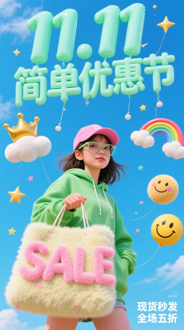 低角度仰拍视角的超现实潮流拼贴海报，以澄澈亮蓝天空为背景，薄荷绿3D充气字体“11.11 简单优惠节”从画面上方垂落，主视觉是一位戴着眼镜提着购物袋的潮流女生（绿卫衣、粉色棒球帽），放大人物，让天空背预览效果