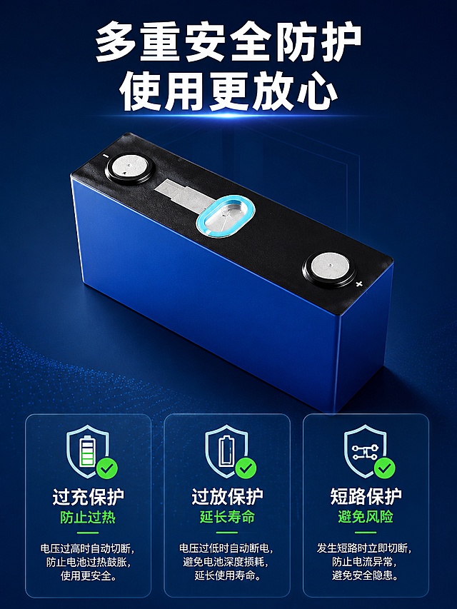 [第9屏] 详情页安全保障页-电池安全保护机制说明。本屏使用单颗电池产品作为主体，本屏使用【图4】单电池图。
[氛围/风格] 专业安全说明页，深蓝渐变背景，科技稳重质感，传递可靠安全感。
[元素布局] 顶部主标题，中部放置产品大图占一半区域，下方排列三个安全保护卖点卡片；每个卡片配图标和简短说明，保持产品外观结构与输入图一致。
[光影质感] 产品主光源来自左上，右侧柔和阴影，突出产品立体感，卡片区域亮度均匀，文字清晰。
[配色色系] 全局底色 #0F3460，主色产品蓝色本体搭配黑色顶盖，卖点卡片使用半透明浅蓝色底，文字白色，安全关键词绿色高亮。
[视角构图] 从上到下：标题→产品→卖点卡片，自然竖向阅读动线，产品占比约50%，不挤压文字区域。
[文字版式] 顶部主标题「多重安全防护 使用更放心」加粗白色居中；三个卖点卡片横向并排：第一个「过充保护 防止过热」，第二个「过放保护 延长寿命」，第三个「短路保护 避免风险」；每个卡片配简约安全图标，文字大小适合手机阅读，清晰不拥挤。
[比例分辨率] 3:4竖版比例，4K分辨率，文字清晰可辨，高清画质。
[负向提示词] 产品变形，结构错误，颜色偏差，文字错乱，文字过小，绝对化承诺。