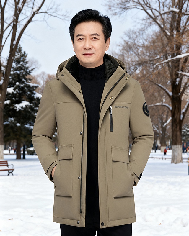 一个中国男性45岁模特穿上图片上的衣服，姿势不同，拍摄风格，五张相似场景的套图