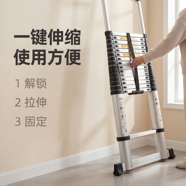 [主图-4] 铝合金伸缩梯操作使用场景图。家居治愈风，展示日常家用伸缩展开操作，放置在干净客厅墙面旁，一人正在单手操作拉开梯身。保持铝合金伸缩梯外观结构材质颜色与输入产品图绝对一致，杜绝任何变形和色差预览效果
