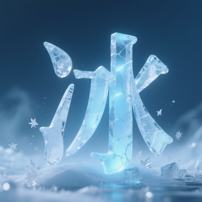 一个巨大的“冰”字，采用晶莹剔透的冰块材质，表面有细微的冰裂纹，内部透出淡蓝色的冷光，周围环绕着细小的冰晶和薄雾，背景是渐变的深蓝色，整体呈现出寒冷而梦幻的氛围，高细节，8K分辨率预览效果