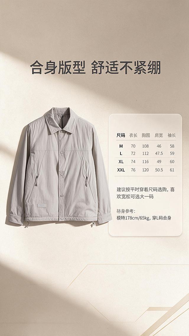 [商品] 使用【图1】浅米杏色男士翻领夹克；商品处理：保留翻领、按扣门襟、拉链斜插口袋、下摆抽绳、袖口收边、小标铭牌、颜色和轻薄防风面料；自然去除衣身杂乱褶皱与压痕，理顺垂坠，增强面料纹理、缝线、拉链和五金质感，不改变版型和结构。
[画面] 目标：版型尺码页，展示版型结构与尺码参考信息。构图：左侧夹克正面平铺全貌展示，右侧尺码信息卡。夹克占画面45%，位于左侧。右侧为圆角浅底信息卡，内含尺码表格和选码建议。背景为浅米色渐变，底部有简约几何装饰。阅读动线从左至右。
[视觉] 套系策略：风格=极简高级商业摄影风，轻商务通勤调性；标题字=现代无衬线粗体，字重700；正文字=简洁无衬线体，字重400；主色=浅米杏；背景延展=基于浅米杏做深浅层级、同色渐变和细腻哑光墙面/纸张质感；强调色=深棕褐，仅用于小面积图标、引线和标签；标题色=深炭灰；正文色=中暖灰；组件=圆角浅底信息卡、细线引线、极简几何装饰；光影=左前侧暖柔光，柔和阴影。
[文字] 顶部主标题"合身版型 舒适不紧绷"，右侧信息卡内含：尺码表（M/L/XL/XXL，衣长/胸围/肩宽/袖长字段，用"约"字标注）、选码建议（"建议按平时穿着尺码选购，喜欢宽松可选大一码"）、模特参考（"模特178cm/65kg，穿L码合身"）。文字清晰可读，表格整齐，不遮挡夹克。
[规格] 图片比例9:16竖版，分辨率2K，避免变形、错字、文字过小、冷蓝/蓝灰背景、衣服颜色改变、版型失真、白底孤立、极限词。