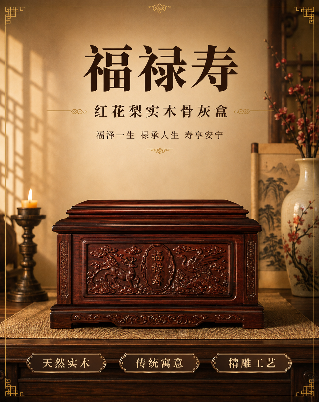 [主图-1] 首图点击率：福禄寿红花梨实木骨灰盒正面全景主视觉… - 图片创意预览