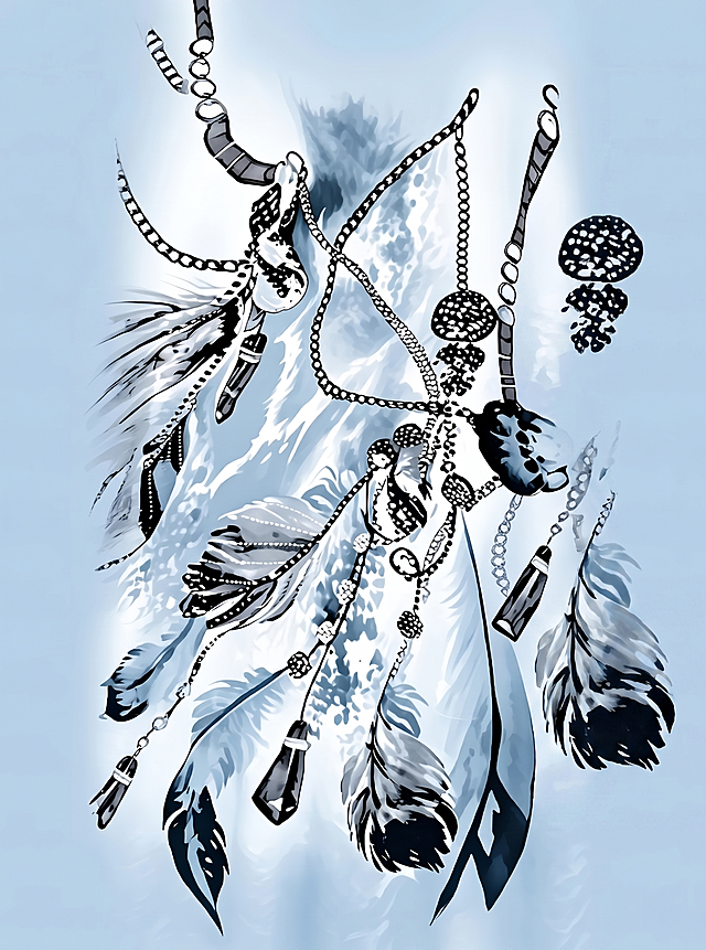 将这张项链装饰插画处理成分层文件形式，分离每个装饰元素，保持原图案和蓝白配色不变