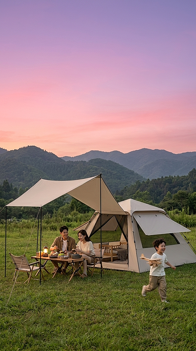 可拆分帐篷+天幕套装电商主图，无任何文字。场景为黄昏时分的郊野草坪，背景是粉紫渐变晚霞天空与层叠山林，光线温暖柔和。主体为参考图同款卡其色全遮光自动帐篷，带侧窗，门半开可见内部露营家具；搭配同色系可拆分天幕，多杆支撑覆盖露营餐桌区域。一家三口（年轻父母+小男孩）：父母围坐露营桌椅用餐，小男孩手持玩具跑动，营造温馨亲子氛围。风格高清写实、清新治愈，突出户外露营舒适感与产品实用性，无AI畸变，竖图构图，8K超高清画质细节丰富。