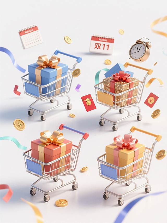 4K超高清，3D立体渲染，干净简约风格，四组不同配色、样式与材质的双11电商促销元素组合，每组包含金属质感购物车装满精美礼盒，礼盒搭配不同材质丝带（缎面、哑光、闪光、绒布），周围环绕彩色飘带、金币、闹钟、红包和标有“双11”的日历，光影柔和立体感强，符合现实物理逻辑，适合电商海报素材使用，白色背景突出主体。