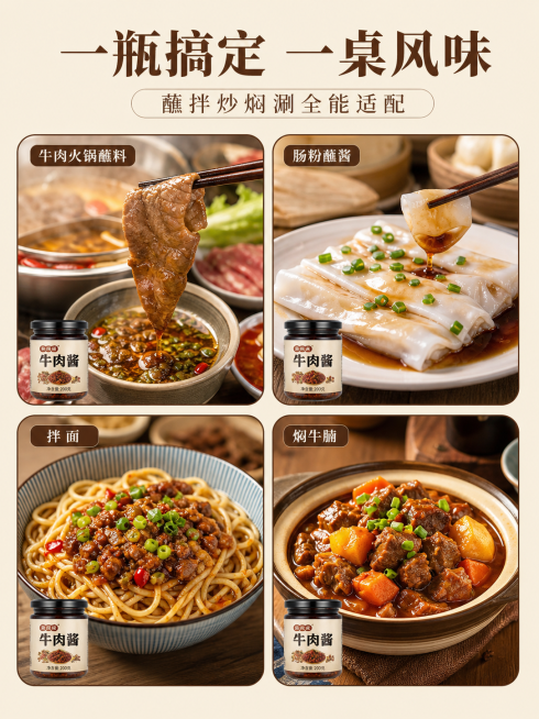 [第6屏] 多场景食用展示，呈现酱料的多种吃法。
[氛围/风格] 家常餐桌氛围感，真实诱人食欲，温馨接地气。
[元素布局] 2×2网格拼图，四个场景分别是：牛肉火锅蘸料、肠粉蘸酱、拌面、焖牛腩，每个场预览效果