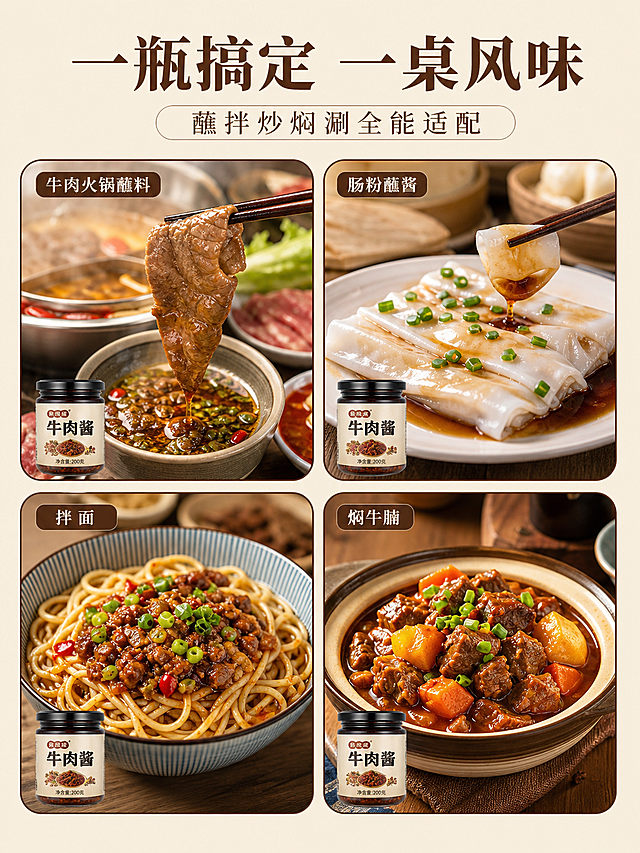 [第6屏] 多场景食用展示，呈现酱料的多种吃法。
[氛围/风格] 家常餐桌氛围感，真实诱人食欲，温馨接地气。
[元素布局] 2×2网格拼图，四个场景分别是：牛肉火锅蘸料、肠粉蘸酱、拌面、焖牛腩，每个场景占一个圆角卡片，酱料产品小图标注在每个卡片角落，展示酱料搭配不同食物的真实效果。
[光影质感] 每个场景自然柔光，食物清晰诱人，整体明暗一致。
[配色色系] 全局底色 #F5F0E6；主色食物原色，辅助色深棕卡片边框。
[视角构图] 网格均匀分布，每个场景独立成块，阅读从上到下从左到右。
[文字版式] 顶部主标题「一瓶搞定 一桌风味」，副标题「蘸拌炒焖涮全能适配」；四个场景分别标注名称，小字体圆角深棕文字，不遮挡食物主体。
[比例分辨率] 3:4竖版比例，4K分辨率，文字清晰可辨，高清画质。
[负向提示词] 场景模糊，文字遮挡主体，配色杂乱，食物不新鲜