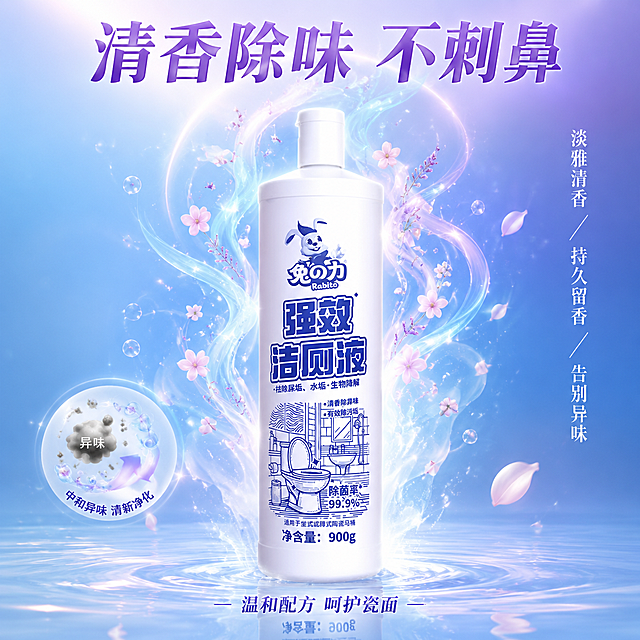 [主图-2] 清香除异味通感表达图
[氛围风格] 清新花香感 蓝紫渐变 通感可视化 高级洁净感
[画质] 商业摄影质感 梦幻通透 香气可视化 产品精致
[元素] 画面中央兔之力强效洁厕液产品瓶身 保持外观与输入图完全一致 商品占比约50%。从瓶口和产品周围散发出清新的香气可视化效果：淡蓝色和淡紫色的香气线条螺旋上升 线条中点缀着小花苞、小气泡和闪亮光点 象征清香除异味。背景为淡蓝色到淡紫色的柔和渐变 有朦胧的光晕效果 底部有清澈水面和倒影。画面右侧有几片洁白的花瓣轻轻飘落 增加清香氛围。左下角有一个小图标展示异味源被中和的示意：灰色臭气味团被蓝色香气包围消散。
[光影] 柔和顶光+环境光 整体明亮梦幻 产品有柔和高光 香气线条有自发光效果 光影柔美不生硬
[配色] 主色调淡蓝+淡紫渐变 白色产品瓶身 点缀粉色花瓣 清新淡雅
[视角构图] 平视 产品居中 香气从产品向上散发 上下延伸 构图平衡有呼吸感
[文字版式] 顶部主标题"清香除味 不刺鼻" 淡紫色粗体大字 优雅醒目。产品右侧竖排短词："淡雅清香" "持久留香" "告别异味" 白色细体字。底部小字"温和配方 呵护瓷面"。文字风格清新优雅 不抢产品风头。
[输出要求] 1:1比例 文字清晰锐利 超高清商业摄影质感
[负向提示词] 变形 文字错乱 产品图模糊 背景杂乱 水印 电商平台Logo 多余的手 畸形手