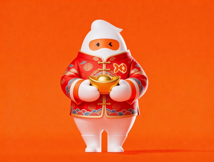 身穿新年服装手捧元宝预览效果