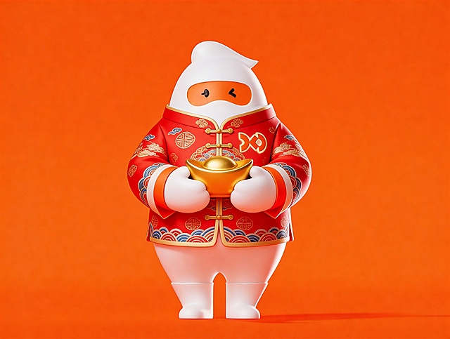 身穿新年服装手捧元宝