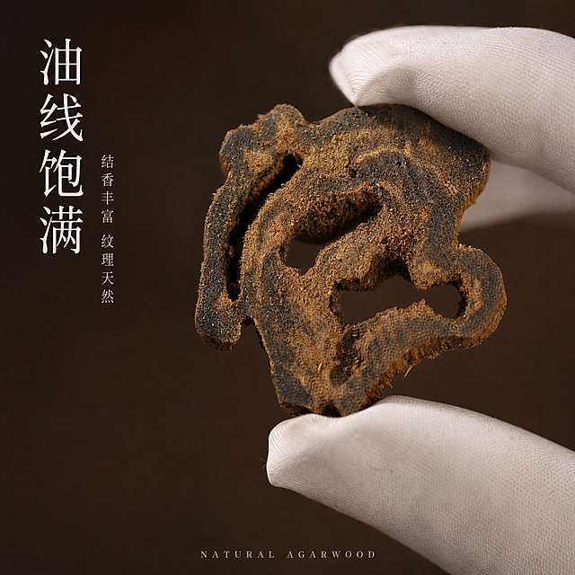 [第2张 主图2] 沉香碎料细节微距主图-油线结香纹理特写白手套手持展示。本张使用【图1】作为商品主体。
[氛围/风格] 简约新中式禅意风格，暖棕色调，高级质感，商业微距摄影质感。
[元素布局] 白手套手指捏着一块沉香碎料，位于画面中央，占画面约50%；聚焦展示沉香碎料的油线纹理、结香颗粒、天然孔洞结构；沉香碎料的形状、大小、纹理、油线分布、深浅色泽、表面金色结香颗粒与原图完全一致，保持温润哑光沉香原生质感，拒绝塑料光泽和过度提亮；白手套质感细腻真实；背景为深棕色虚化背景，柔和纯净。
[光影质感] 柔和侧逆光从右后方照射，勾勒沉香碎料轮廓光，正面补光展现油线细节和结香颗粒质感，阴影柔和有层次，无强烈反光。
[配色色系] 全局底色 #6B4F3A 深棕虚化；主色沉香木色、金色结香；辅助色白色手套、深棕背景。
[视角构图] 平视微侧角度，产品居中，景深较浅，背景虚化柔和，突出主体细节。
[文字版式] 左侧竖排主标题「油线饱满」，纤细宋体，米白色；副标题「结香丰富 纹理天然」小号同色系，竖排；底部中央极小英文装饰「NATURAL AGARWOOD」，纤细衬线体。
[比例分辨率] 1:1 方图比例，2K 分辨率，文字清晰可辨，高清画质。
[负向提示词] 变形，水印，文字错乱，塑料光泽，过度提亮，油线模糊，颜色偏差，手套变形。