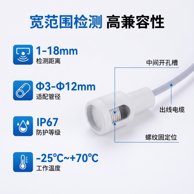 [主图-2] R12非齐平管道式电容接近开关核心性能卖点展示。[氛围风格] 专业技术风，高信息密度，清晰直观；[画质] 商业摄影质感，产品细节清晰，文字锐利可读。[元素] 主体R12接近开关居中放置，预览效果