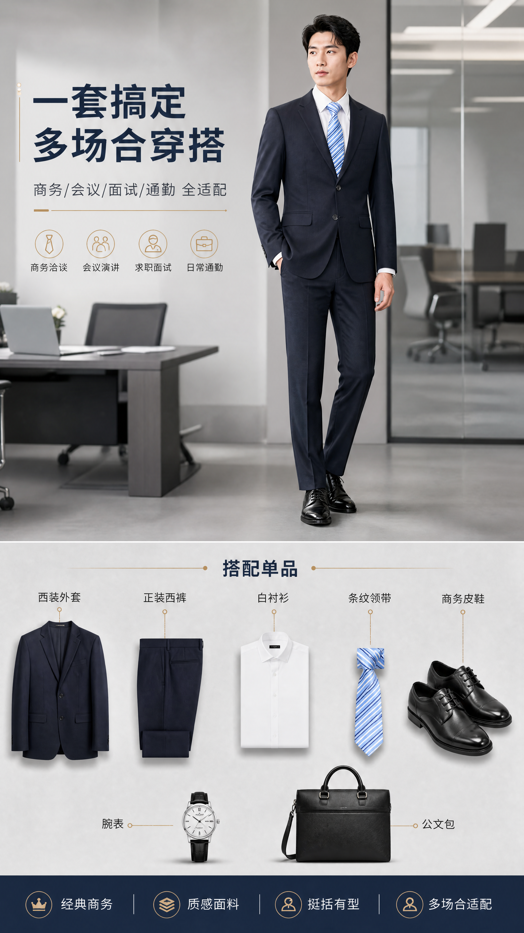 [商品] 使用【图1】藏青色男士商务西服套装（含白衬衫、蓝条纹… - 图片创意预览