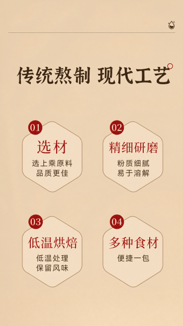 [第9屏] 党参山药汤制作工艺展示屏。按照要求修改所有标题和卖点文字：原主标题"古法炮制 凝练精粹"改为"传统熬制 现代工艺"；删除第二行文字"使得营养成分充分分解，更易吸收"；卖点1保留"选材 选上预览效果