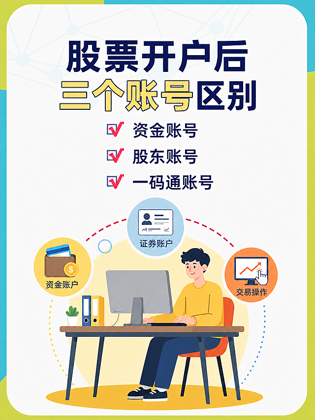 将图片中的第三个项目文字“交易账号”改为“一码通账号”，其他所有文字内容、风格、排版保持完全不变，和原图一致。扁平插画风格，金融科普小红书图文封面，3:4比例。