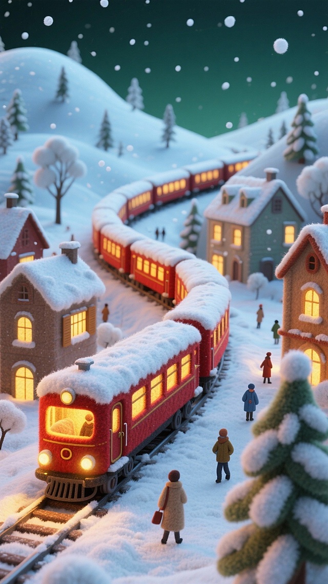 全景式构图。画面主视觉是红色复古列车蜿蜒行驶（多节车厢，车顶覆雪，车窗透出暖黄色灯光）；小镇建筑为欧式风格，屋顶积雪，窗户亮着暖灯，分布于画面两侧；雪地中散布身着冬装的行人，右下角有带覆雪树木；背景是覆雪的山坡与稀疏树木，夜空呈深绿色，飘白色雪花。