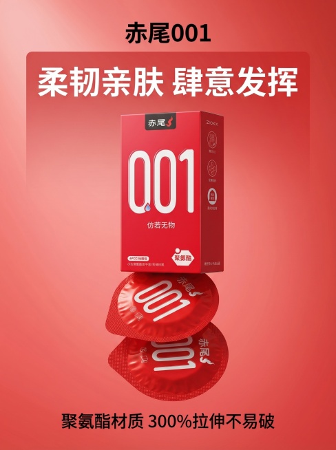 [主图 5] 赤尾001避孕套柔韧亲肤总结卖点图
[氛围风格] 品牌总结风，专业可信
[质感] 商业摄影质感，光线柔和通透，产品清晰真实，画面干净高级
[元素] 赤尾001产品包装盒+三粒独立包装组合预览效果