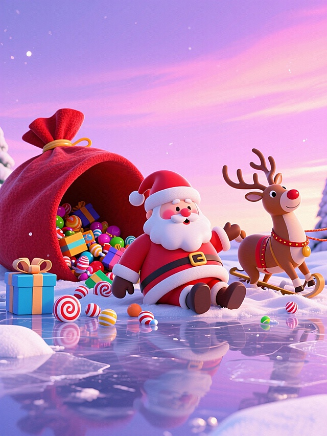 圆滚滚的圣诞老人摔坐在结冰湖面上，身后巨型红绒包袱敞着口，糖果、礼盒滚出来。旁边驯鹿雪橇歪在雪堆里。背景是粉紫渐变的晚霞