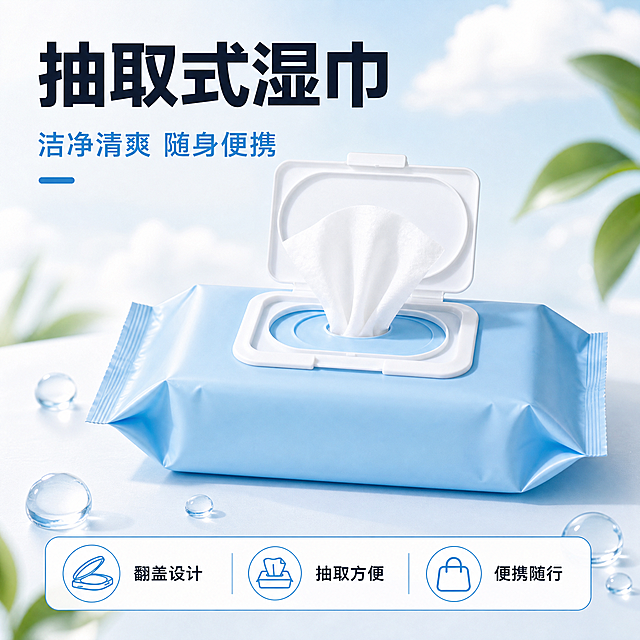 [主图-1] 商品识别首图，唯一任务是清晰呈现抽取式湿巾并建立洁净清爽的第一印象，不展开材质细节或规格列表。
[统一基调] 抖音洁净日用高点击风：清爽洁净蓝白配色，明亮自然光高亮通透，深蓝黑加粗现代无衬线中文大标题，清透蓝强调色，白色圆角信息卡配细蓝描边，图标统一圆角线性风格；大字号强对比、画面干净通透、口语化短句，产品保持输入图中软包装湿巾的真实外观、颜色、材质与结构不变。
[画面] 浅蓝白台面上，浅蓝色软包装湿巾居中偏右，白色翻盖打开，一张湿巾自然抽出，产品占画面约70%，周围点缀几颗清透水珠、几片虚化绿叶和柔和云朵质感背景，产品轮廓完整不切割，浅景深。
[光影质感] 明亮自然光加柔光箱，产品包装塑料有干净柔和反光，翻盖有细腻高光，湿巾有柔软通透质感，产品有真实接触阴影，无悬浮、无原图白底残留。
[配色] 沿用统一基调：清爽蓝白背景，大标题深蓝黑，清透蓝用于水珠、图标和高亮元素，白色卡片配细蓝描边，整体干净不杂乱。
[文字版式] 左上大标题"抽取式湿巾"，下方副标题"洁净清爽 随身便携"，底部三列短亮点"翻盖设计""抽取方便""便携随行"，主标题最大最粗，辅助文字缩小至少50%，全部横排不遮挡产品。
[输出要求] 1:1正方形比例，文字清晰无错字，产品清晰真实；禁止变形、错字、模糊、杂乱背景、水印、平台Logo、多余手指、悬浮感、冷工业灰主色。