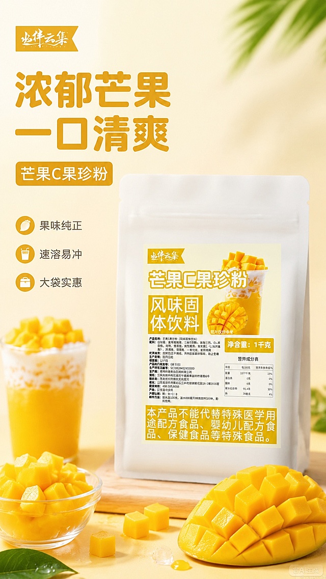 [第1屏] 详情页头图-芒果C果珍粉新品宣传海报。本屏使用【图1】作为商品主体。
[氛围/风格] 清新夏日明亮风，食欲感十足，商业摄影质感，新鲜芒果色调
[元素布局] 商品包装置于画面偏右下，占比约 65%，左侧放置主副标题；背景添加新鲜芒果块、冲调好的芒果饮品作为装饰元素，包装轮廓、结构、颜色与输入产品图保持一致，整体突出产品
[光影质感] 正面柔光打亮产品，右侧添加自然阴影，芒果和饮品保留新鲜水润高光，整体通透干净
[配色色系] 全局底色 #FFF9E8，主色暖黄色芒果调，辅助色白色文字、浅棕色装饰
[视角构图] 正面平视，产品为视觉中心，阅读动线左侧标题 → 右下商品 → 背景装饰
[文字版式] 版式为左标题 + 右下商品 + 背景装饰。主标题「浓郁芒果 一口清爽」，副标题「芒果C果珍粉」，圆角黑体左对齐，底部添加三个卖点小信息条「果味纯正 | 速溶易冲 | 大袋实惠」，文字不遮挡主体商品
[比例分辨率] 9:16 竖版比例，4K 分辨率，文字清晰可辨，高清画质
[负向提示词] 包装变形，缺件错件，颜色偏差，文字错乱，产品图模糊，水印，极限词