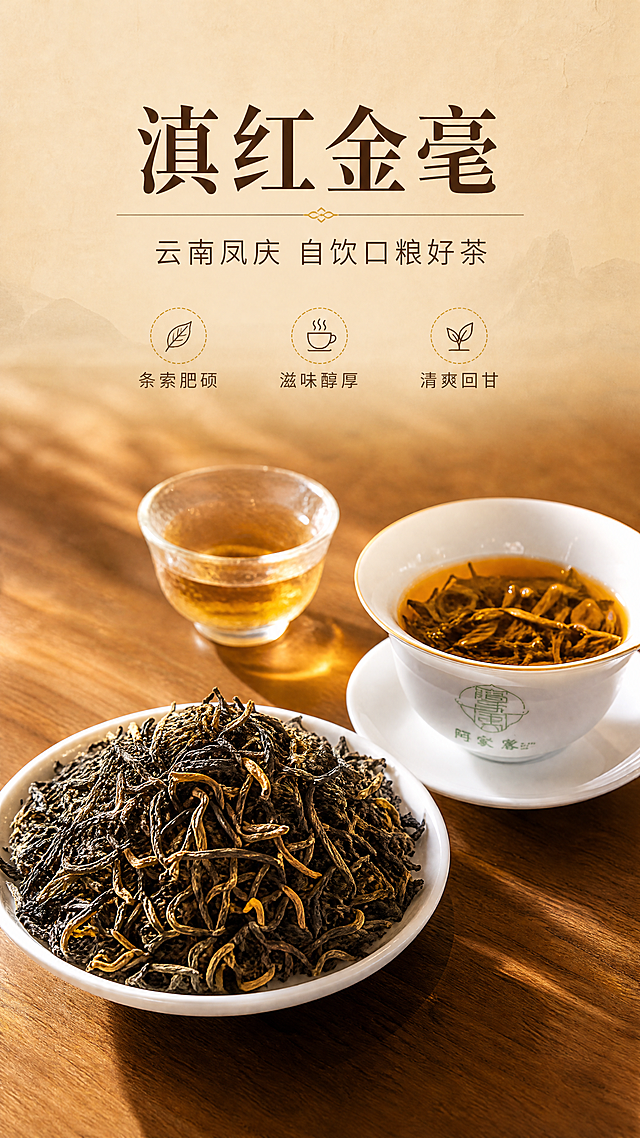 [商品] 使用【图3】滇红金毫干茶与【图1】冲泡茶汤；保留干茶黑褐相间带金毫的色泽、条索紧结形态，保留茶汤橙黄透亮的汤色、盖碗与品杯的形态，保留木质桌面质感；优化茶叶纹理清晰度，增强茶汤通透感。
[画面] 目标：滇红金毫头图海报，建立产品高级第一印象。构图：上文下图，上方1/3留白放标题，下方2/3为产品主视觉；主体占画面65%，前景为白瓷盘盛放的干茶特写，中景右侧摆放冲泡好的盖碗与玻璃品茗杯，背景虚化延伸木质茶桌与暖调光影；前中后三层景深，阅读动线从上至下。
[视觉] 套系策略：风格=中式雅致商业茶系摄影；标题字=宋体衬线粗体；正文字=简洁无衬线体；主色=暖木棕；背景延展=基于暖木棕做深浅层级、同色渐变和细腻木纹/宣纸质感；强调色=赤金色，仅用于小面积图标、引线和标签；标题色=深茶褐；正文色=暖棕灰；组件=圆角米白底信息卡、细金线引线；光影=左前侧暖柔光，侧逆光勾勒茶叶金边。
[文字] 上方居中主标题"滇红金毫"，副标题"云南凤庆 自饮口粮好茶"，下方配3个小卖点icon：条索肥硕、滋味醇厚、清爽回甘；文字区不遮挡干茶主体与茶汤液面，全部横向排版。
[规格] 图片比例9:16竖版，4K，负向提示：避免变形、错字、文字过小、冷蓝/冷灰背景、茶叶颜色失真、茶汤浑浊、竖排文字。
