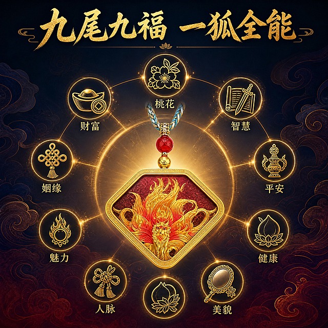 [主图-2] 九尾狐唐卡吊坠九大寓意信息图，展示九尾九福的核心卖点，营造神秘灵性氛围。
[统一基调] 淘宝/天猫珠宝饰品主图，1:1正方形，高端奢华国风藏式风格，整体明亮大气有灵性；藏蓝+暗红渐变背景体系，金色+朱砂红为主色；主标题用书法感国风宋体，金色字；说明文字用细黑体，米白色字；图标用金色线描风格；字体统一，字号层级分明，文字不压产品主体。
[画面] 九尾狐唐卡吊坠居中放置，正面展示完整画芯，吊坠占画面约35%，位于画面正中心；吊坠周围以环形环绕方式分布九个金色线描图标，分别对应九大寓意：桃花（桃花花形）、财富（元宝/铜钱）、智慧（书卷/慧剑）、平安（宝瓶/金刚杵）、健康（莲花/寿桃）、美貌（铜镜/花钿）、人脉（结绳/哈达）、魅力（火焰/宝珠）、姻缘（同心结/双喜）；每个图标下方配有两个字的寓意名称；图标与吊坠之间有细微的金色光晕连接，形成能量环绕的灵性感觉。
[光影质感] 商业珠宝摄影质感，吊坠正面柔光均匀打亮，金箔与朱砂色彩饱和浓郁，金属边框有精致高光；背景有柔和的藏蓝到暗红的径向渐变，中心亮四周暗，形成聚光效果；图标有金色描边与轻微发光效果，神秘而不浮夸。
[配色] 背景主色为藏蓝渐变至暗红色，产品金色+朱砂红，图标与文字金色+米白；整体深色调神秘灵性，金色点缀高端奢华。
[文字版式] 画面顶部居中放置主标题"九尾九福 一狐全能"，大号金色国风书法字，字间距适中；九个寓意图标均匀环绕吊坠排列，每个图标下方配两个字的小号金色说明文字；文字与图标均不遮挡吊坠主体画芯；整体构图呈放射状对称，庄重有仪式感。
[输出要求] 1440x1440像素，1:1比例，产品清晰，图标精致，文字清晰可读，构图对称平衡；负向：变形、错字、模糊、杂乱、水印、平台Logo、图标粗糙、颜色发灰、边缘硬切、悬浮。