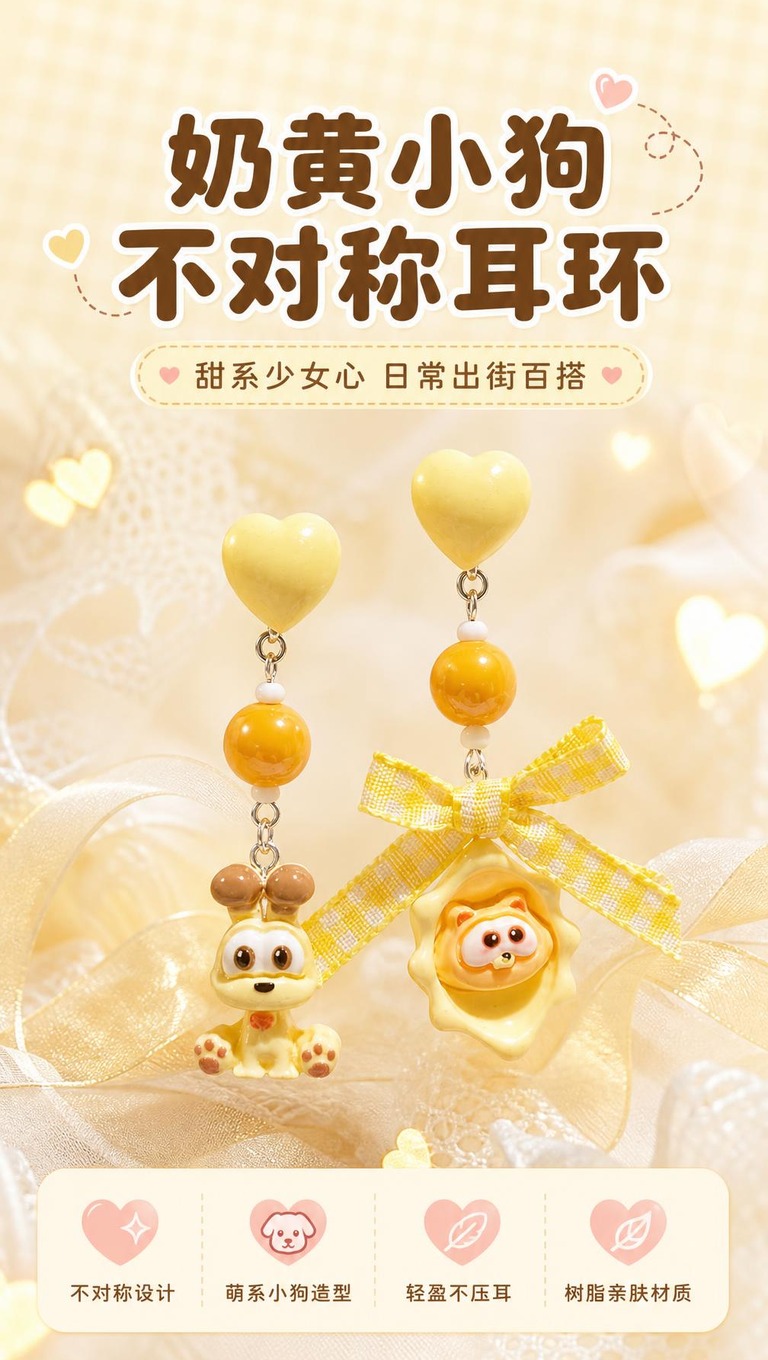 [商品] 使用【图1】奶黄小狗不对称爱心耳环一对；保留左耳坐姿… - 图片创意预览
