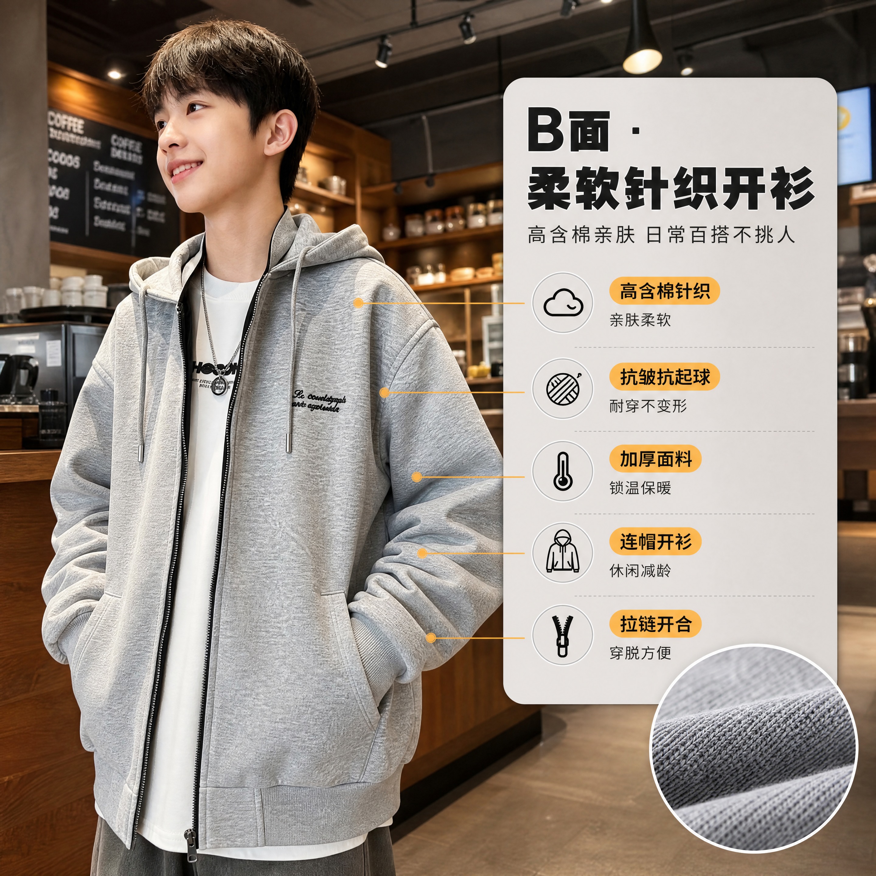 [商品] 使用【图1】灰色高含棉针织开衫面；保留灰色连帽针织开… - 图片创意预览