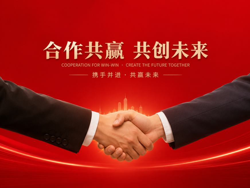红色背景，中间为商务合作握手的画面，简约大气的合作主题海报预览效果