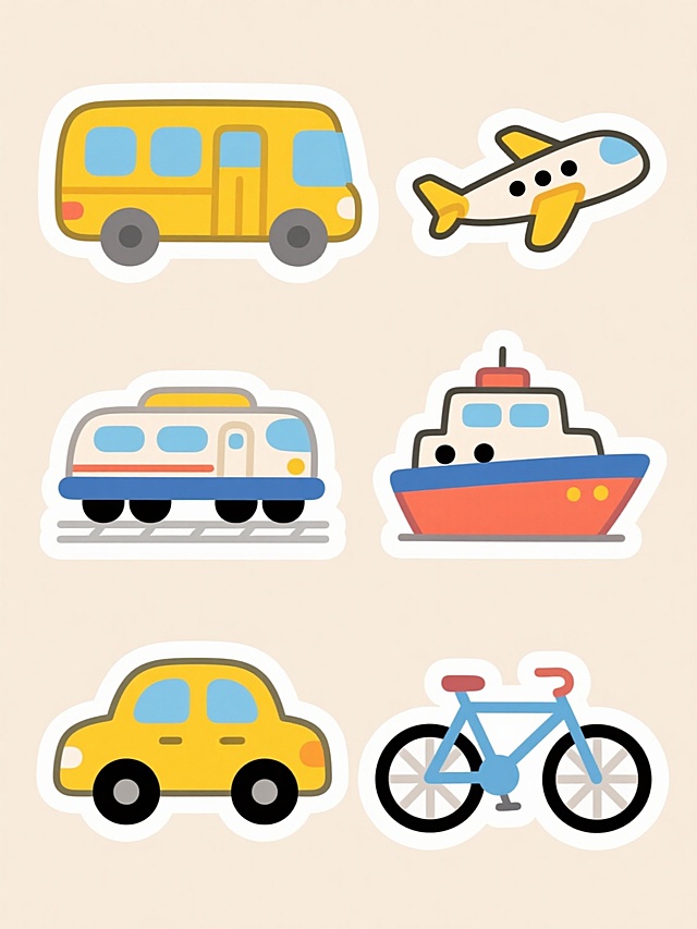 6个不同配色和样式的交通工具造型，采用卡通贴纸风格，线条简洁圆润，色彩明快鲜艳，带有白色轮廓边。交通工具包括黄色旅行巴士、可能还有飞机、火车、轮船、汽车、自行车等，每个交通工具造型独特且细节丰富。整体排列为上下两行对齐，置于浅色背景上。画面保持卡通贴纸的可爱风格，融入旅行相关元素的设计感，如圆润的造型、明快的色彩搭配和简洁的线条表现。