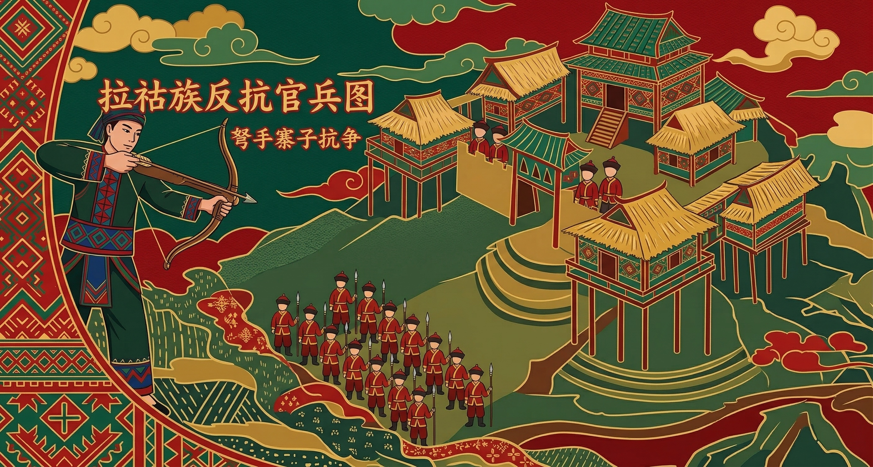 最后一次重新生成，完全遵循原草图的人物位置和寨子布局，采用参考… - 图片创意预览