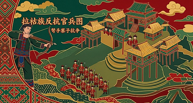 最后一次重新生成，完全遵循原草图的人物位置和寨子布局，采用参考图的经典国潮扁平风格，使用浓郁红绿色调，在边框和背景自然融入拉祜族特色几何纹样，突出拉祜族弩手反抗官兵的故事场景
